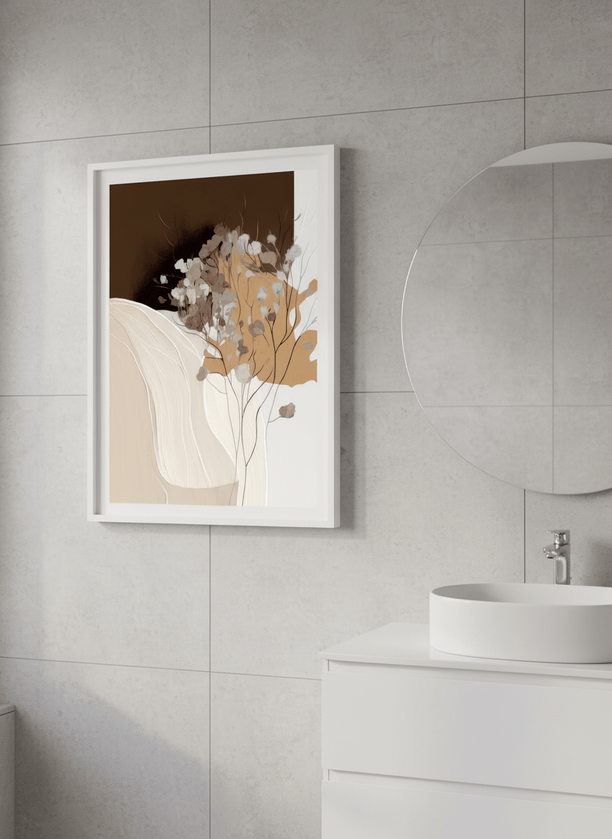 Modern print displayed in a clean minimalist bathroom setting