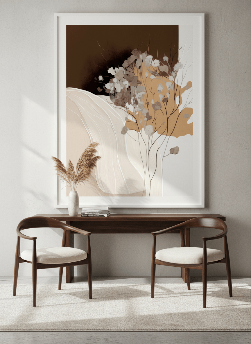 Monumental artwork centred on a feature wall in a luxe interior