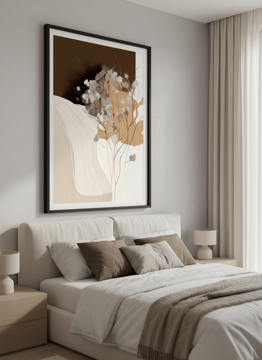 Minimalist artwork displayed in a calm, light-filled bedroom interior