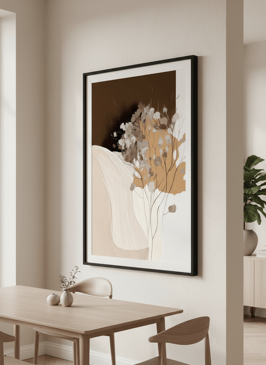 Wall art styled above a dining table in a contemporary home