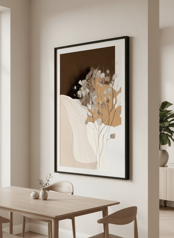 Wall art styled above a dining table in a contemporary home