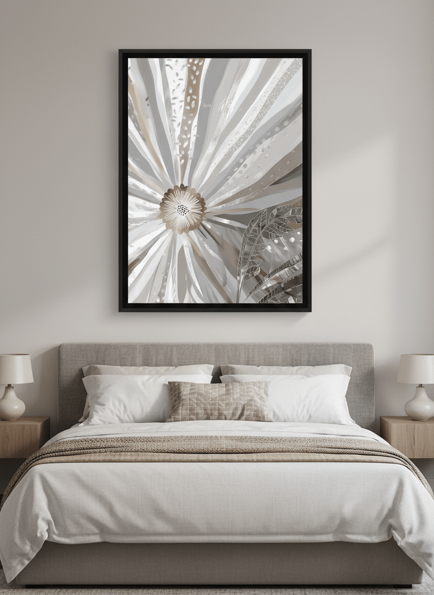 Minimalist artwork displayed in a calm, light-filled bedroom interior
