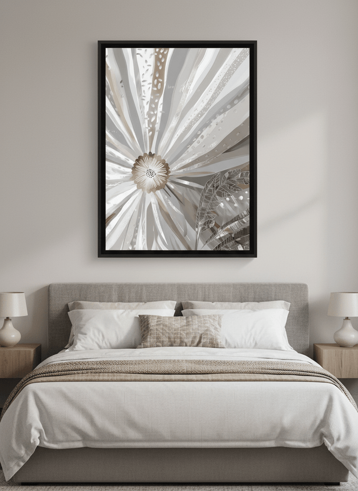 Minimalist artwork displayed in a calm, light-filled bedroom interior