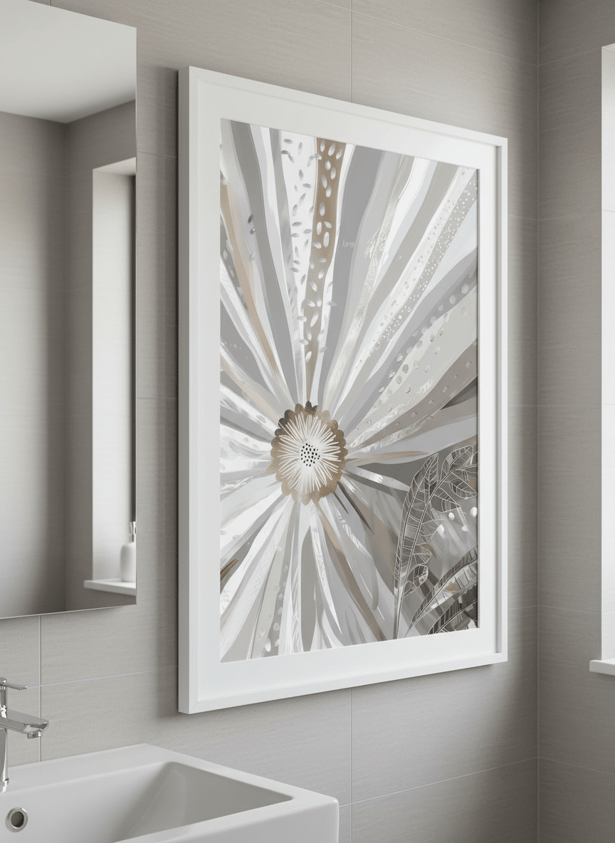 Modern print displayed in a clean minimalist bathroom setting