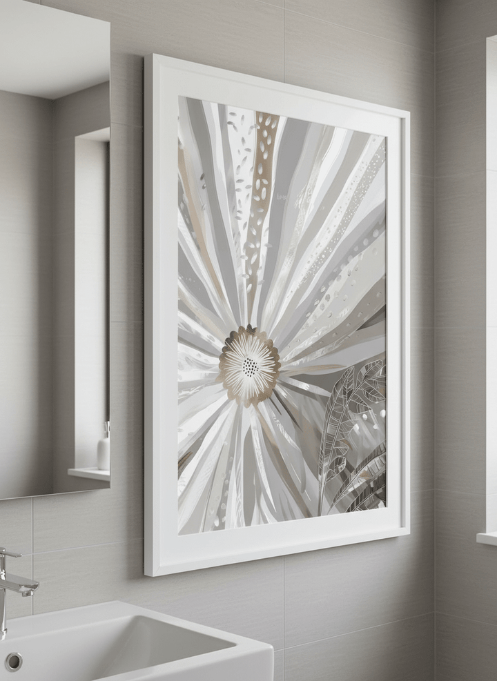 Modern print displayed in a clean minimalist bathroom setting