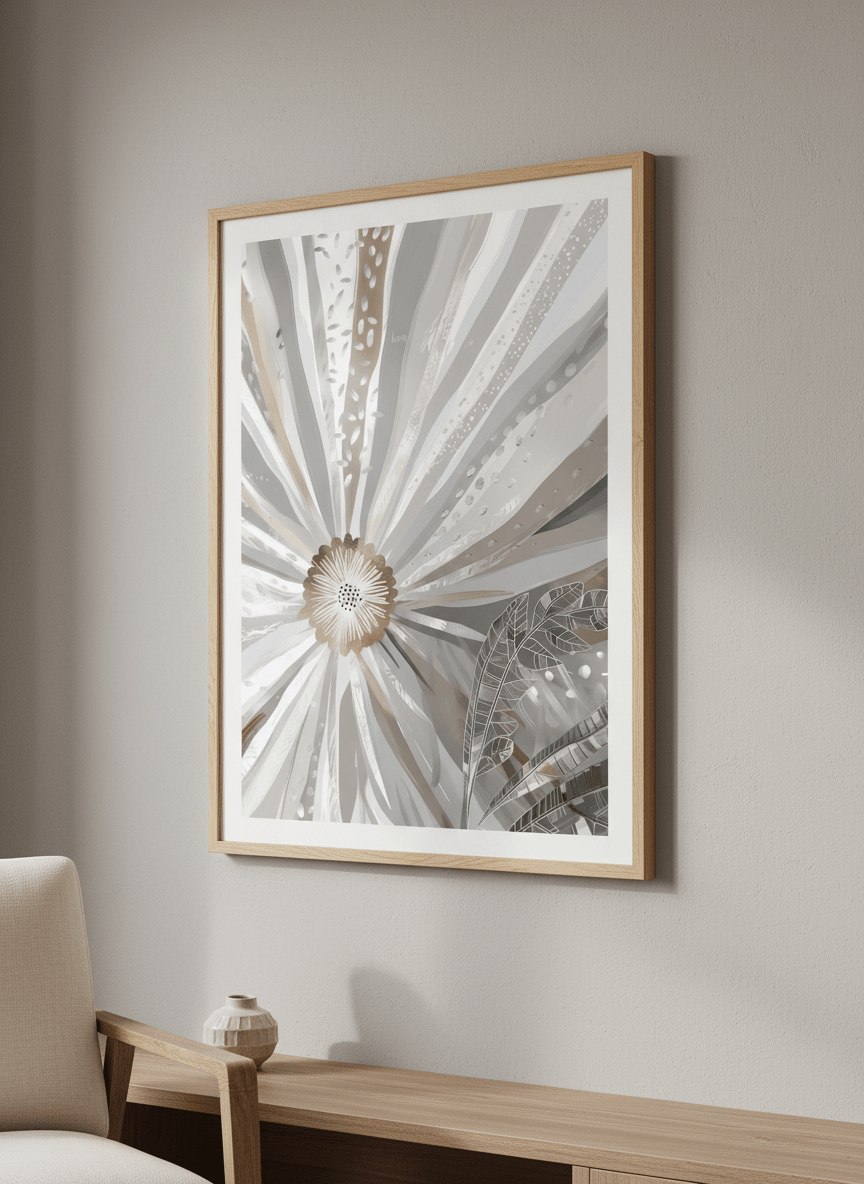 Modern wall art styled above a sofa in a neutral living room