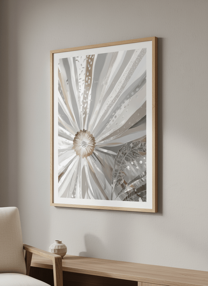 Modern wall art styled above a sofa in a neutral living room