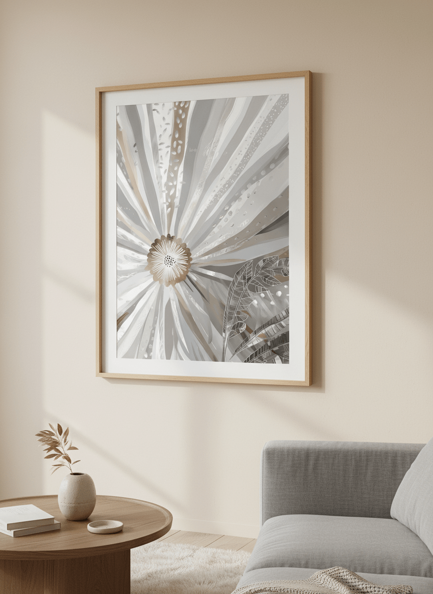 Modern wall art styled above a sofa in a neutral living room