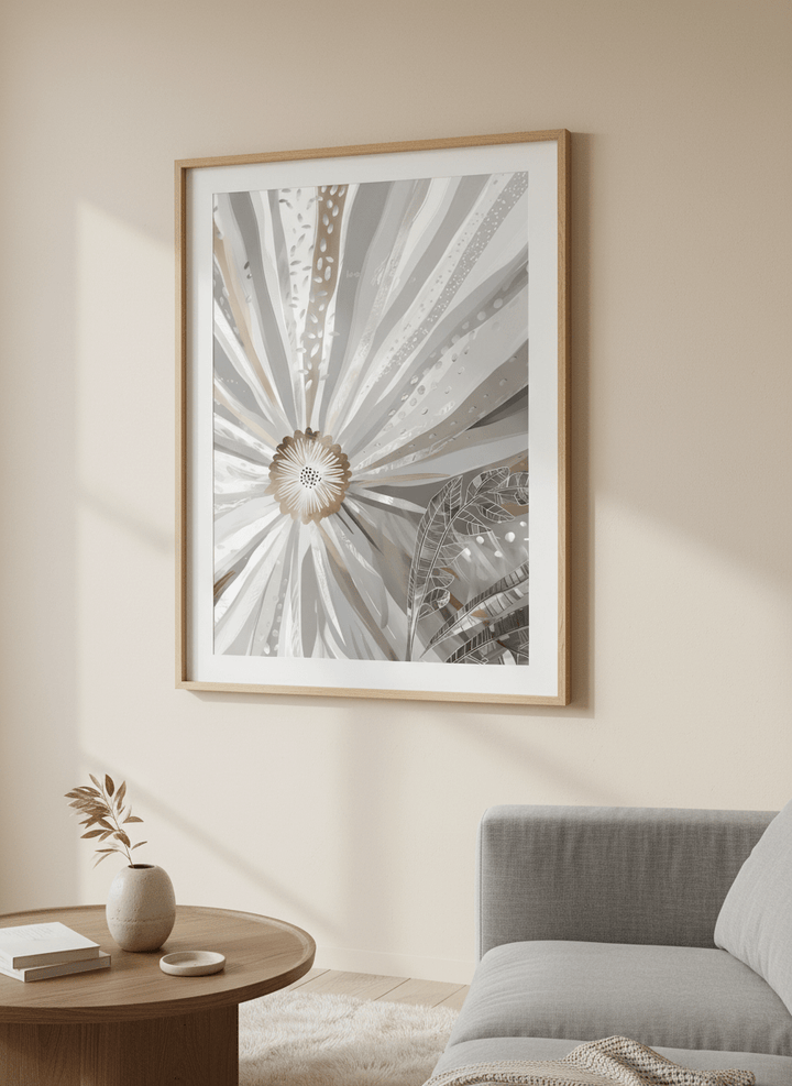 Modern wall art styled above a sofa in a neutral living room