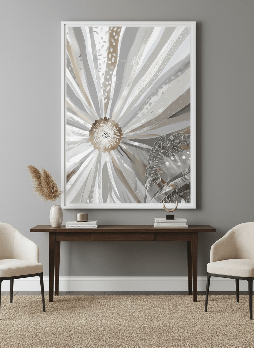 Monumental artwork centred on a feature wall in a luxe interior
