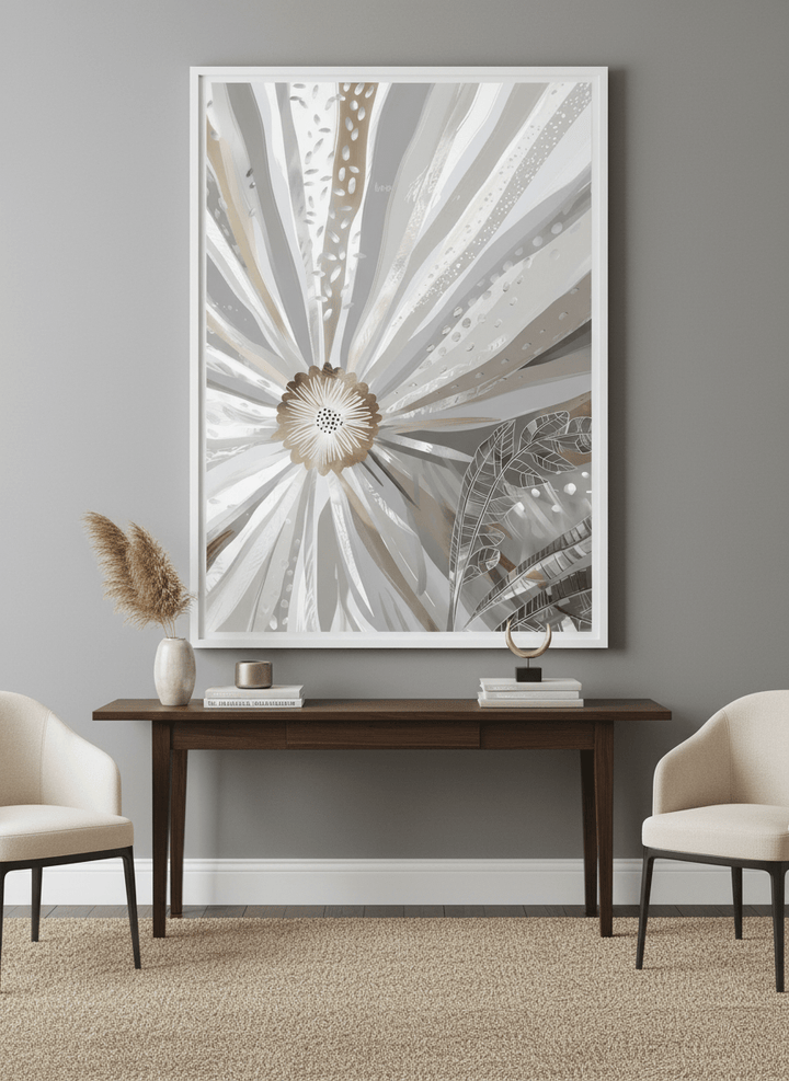 Monumental artwork centred on a feature wall in a luxe interior