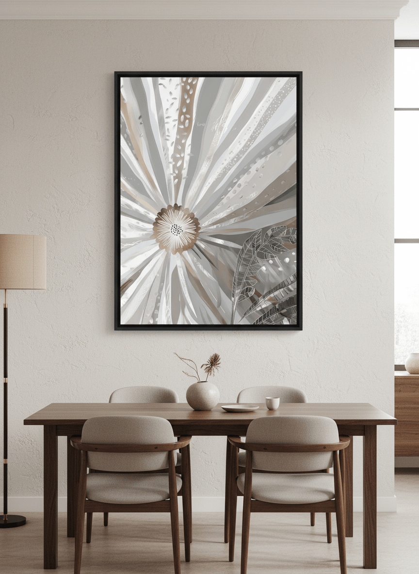 Wall art styled above a dining table in a contemporary home