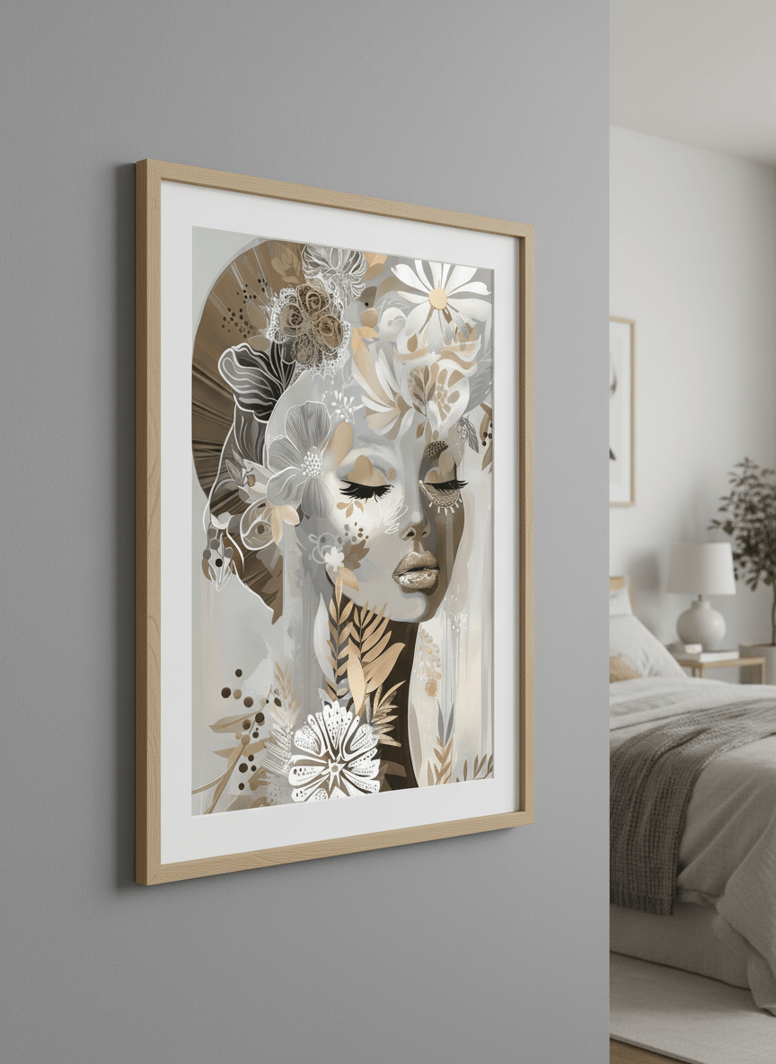 Minimalist artwork displayed in a calm, light-filled bedroom interior