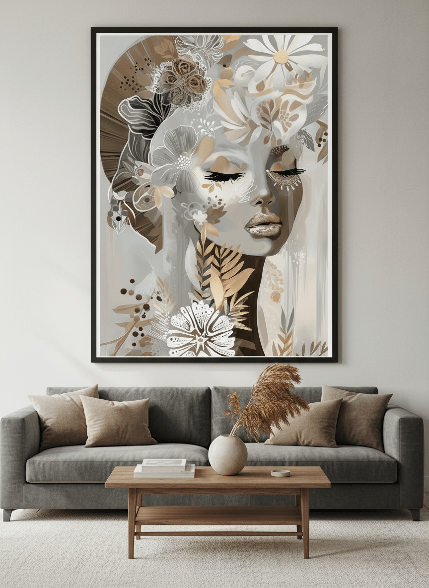 Modern wall art styled above a sofa in a neutral living room