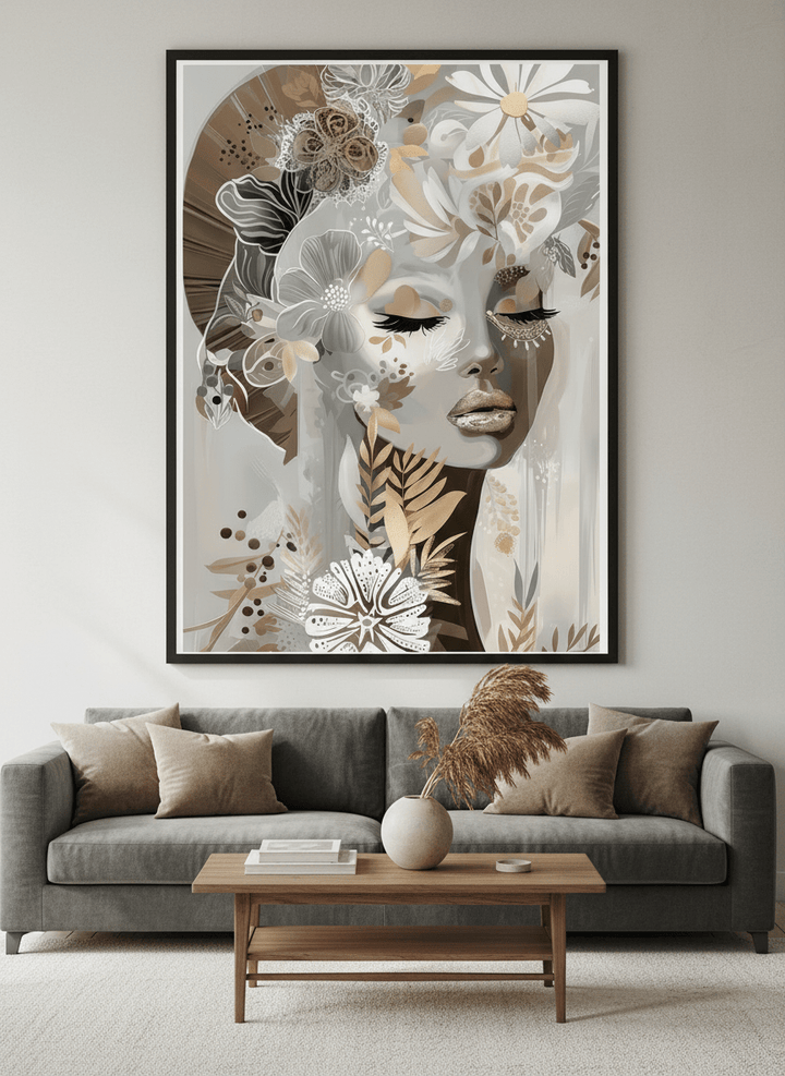 Modern wall art styled above a sofa in a neutral living room