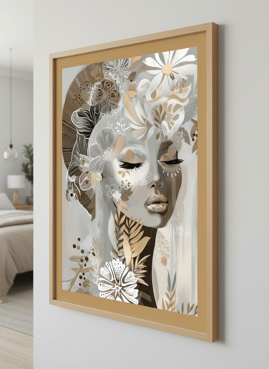 Minimalist artwork displayed in a calm, light-filled bedroom interior