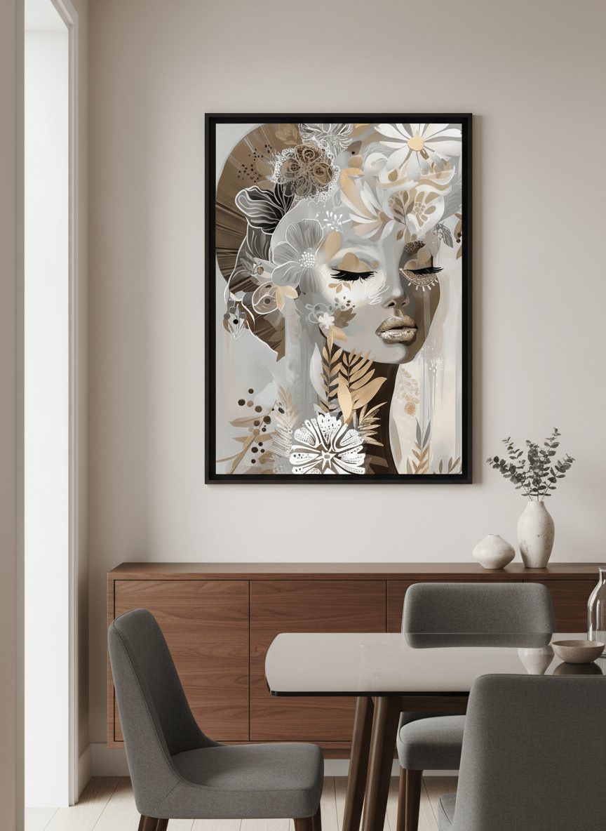 Wall art styled above a dining table in a contemporary home