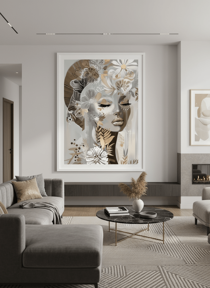 Monumental artwork centred on a feature wall in a luxe interior