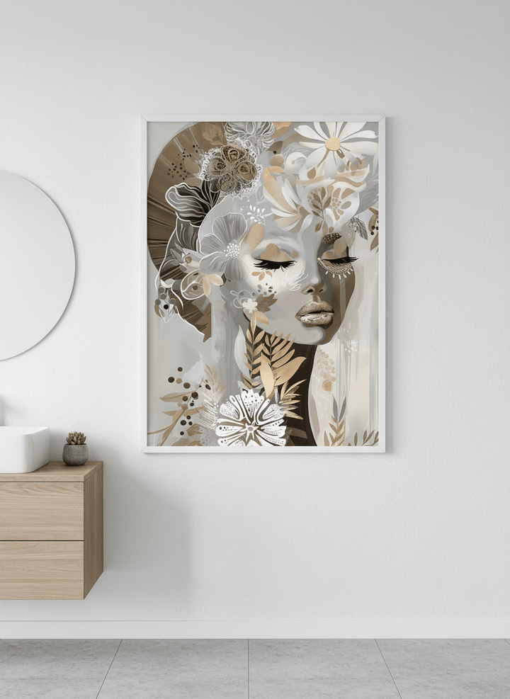 Modern print displayed in a clean minimalist bathroom setting