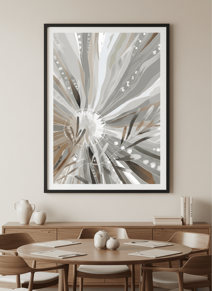 Wall art styled above a dining table in a contemporary home