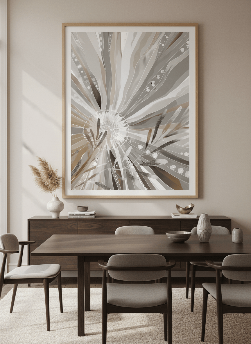 Monumental artwork centred on a feature wall in a luxe interior