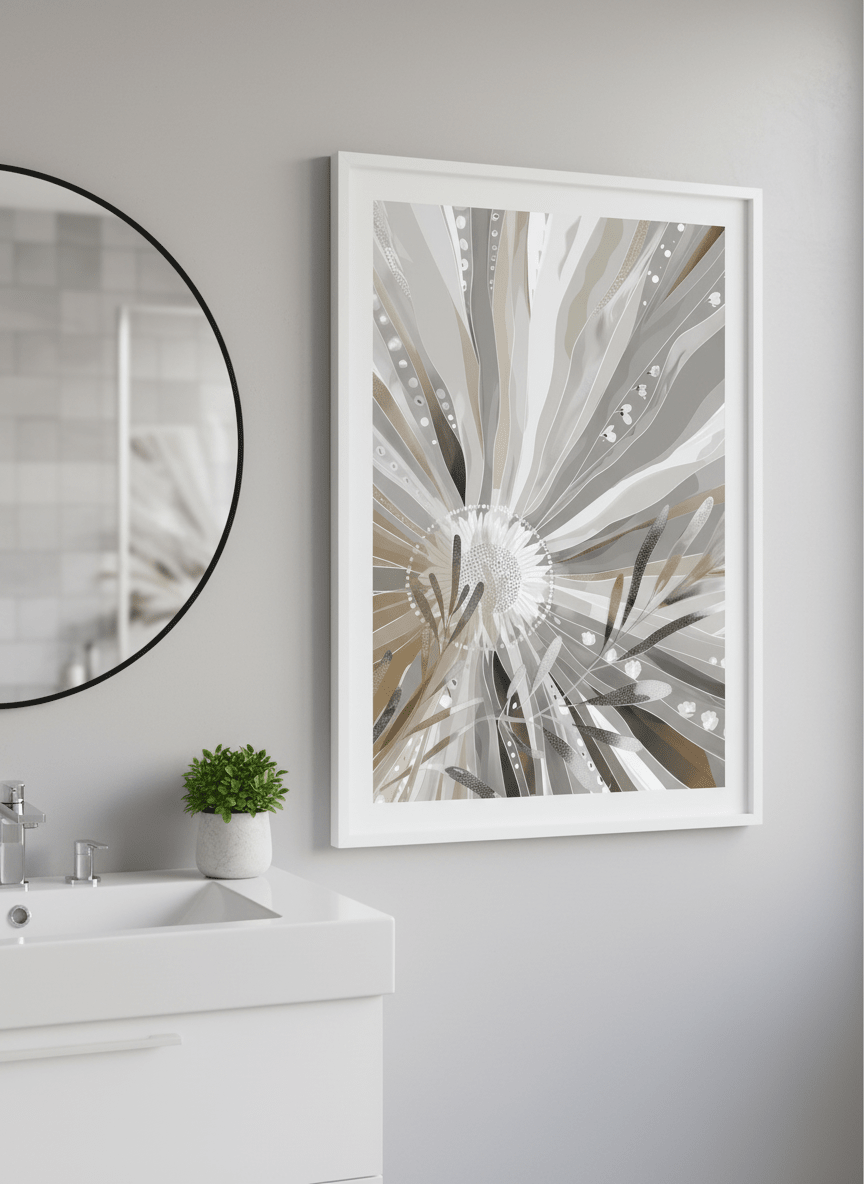 Modern print displayed in a clean minimalist bathroom setting