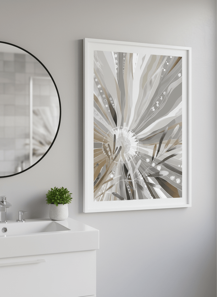 Modern print displayed in a clean minimalist bathroom setting