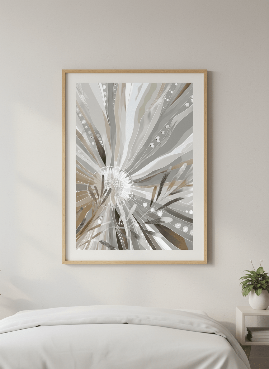 Minimalist artwork displayed in a calm, light-filled bedroom interior