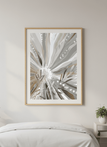 Minimalist artwork displayed in a calm, light-filled bedroom interior