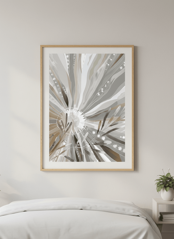 Minimalist artwork displayed in a calm, light-filled bedroom interior