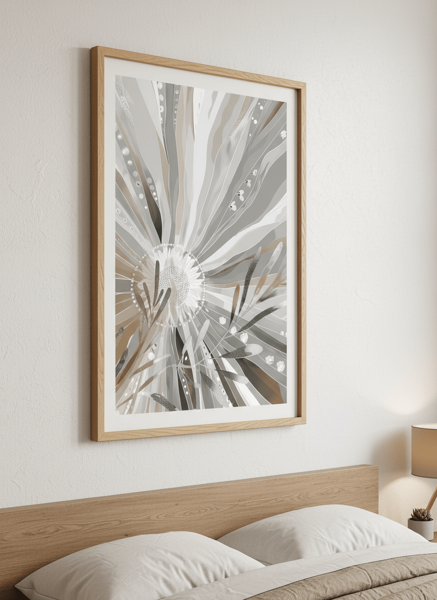 Minimalist artwork displayed in a calm, light-filled bedroom interior