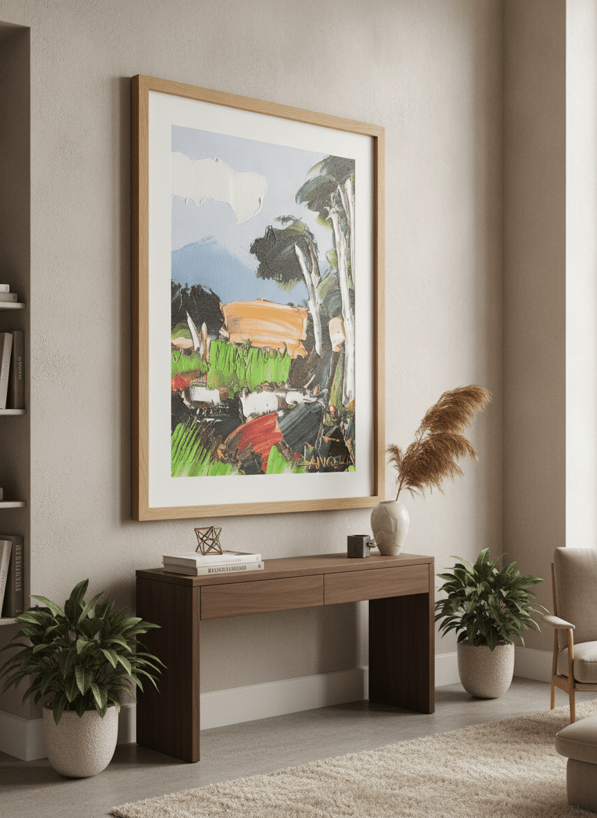 Monumental artwork centred on a feature wall in a luxe interior