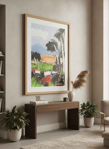 Monumental artwork centred on a feature wall in a luxe interior