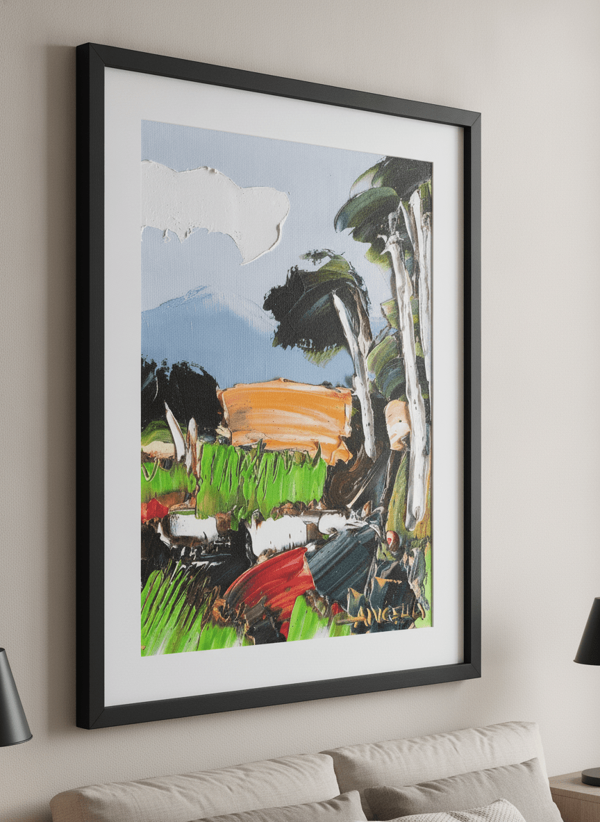 Minimalist artwork displayed in a calm, light-filled bedroom interior