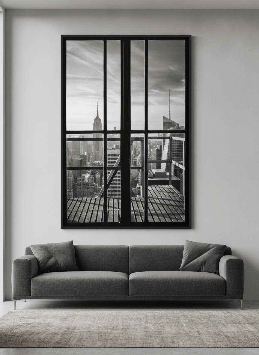 Modern wall art styled above a sofa in a neutral living room
