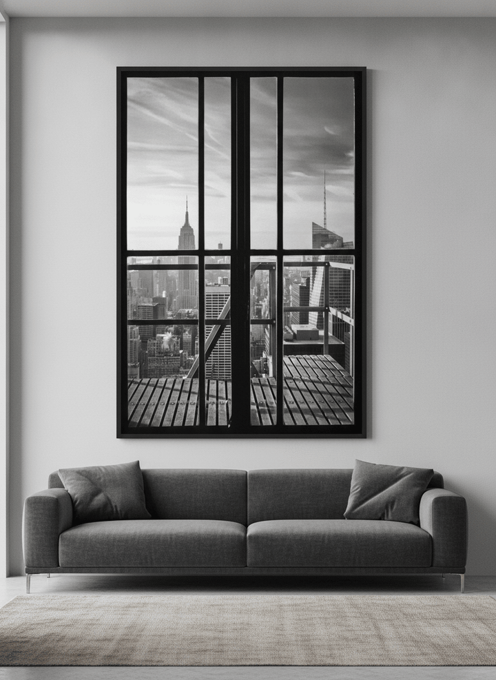 Modern wall art styled above a sofa in a neutral living room