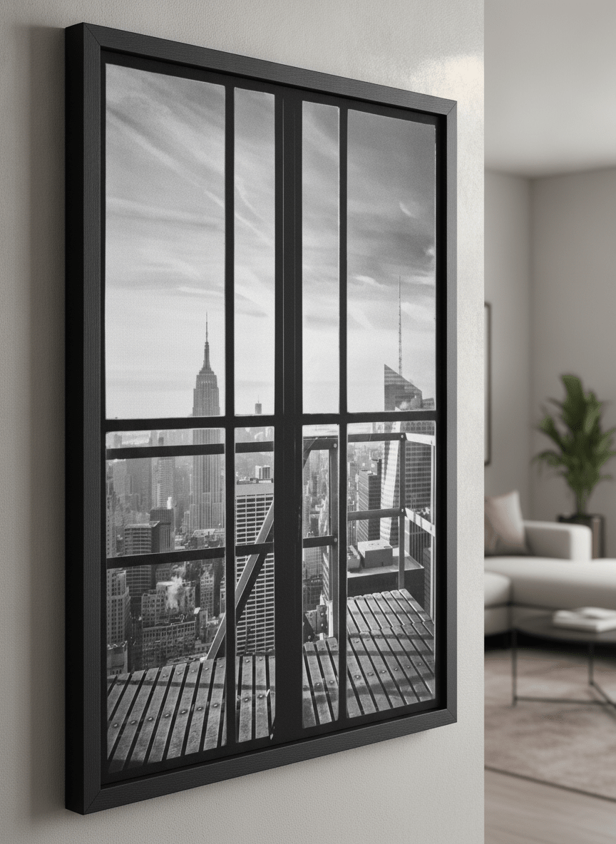 Modern wall art styled above a sofa in a neutral living room
