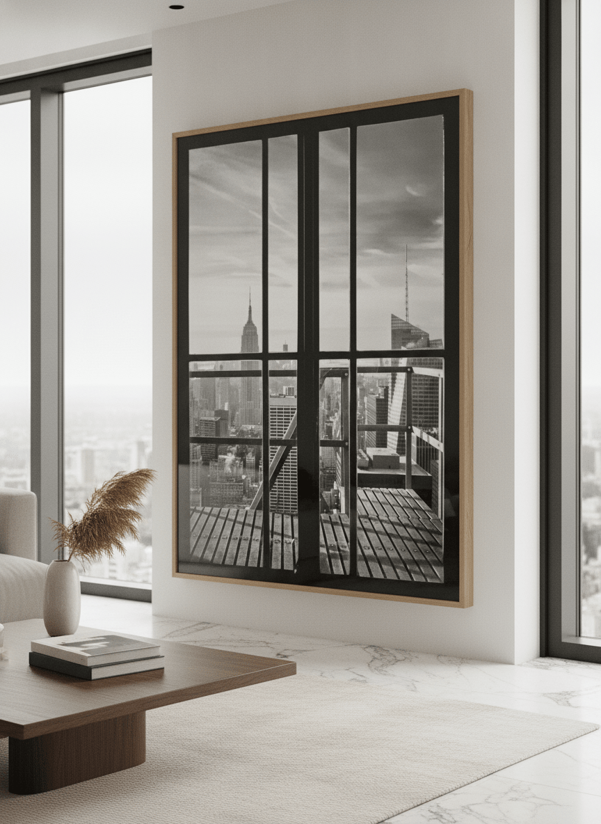 Monumental artwork centred on a feature wall in a luxe interior