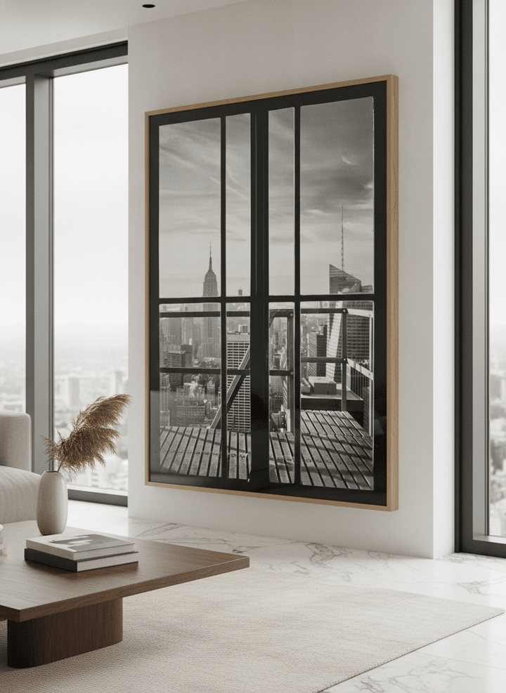 Monumental artwork centred on a feature wall in a luxe interior