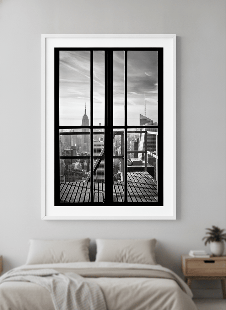 Minimalist artwork displayed in a calm, light-filled bedroom interior