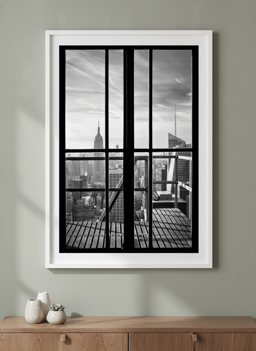 Minimalist artwork displayed in a calm, light-filled bedroom interior