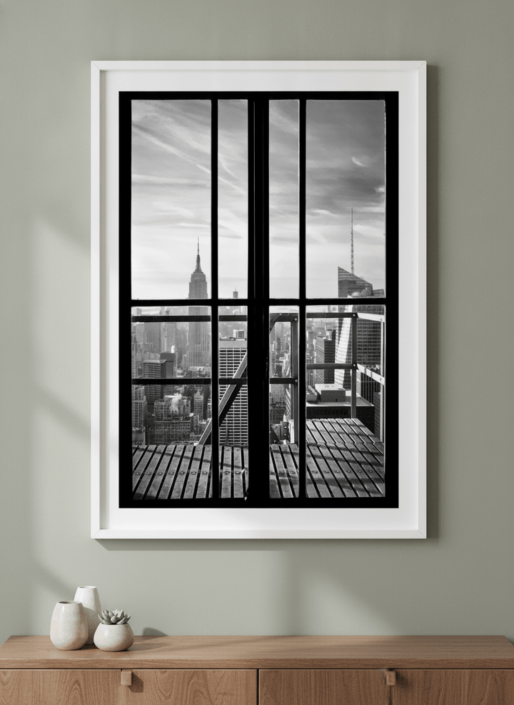 Minimalist artwork displayed in a calm, light-filled bedroom interior