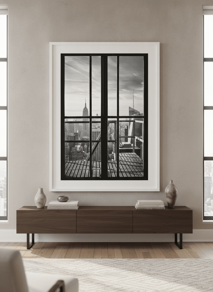 Monumental artwork centred on a feature wall in a luxe interior