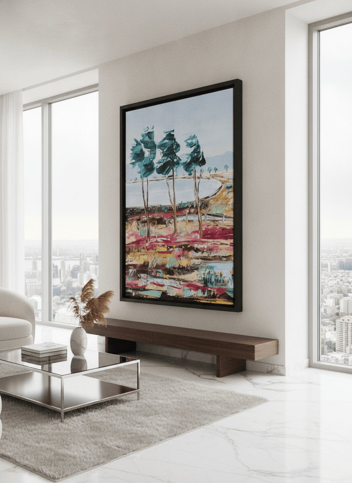 Monumental artwork centred on a feature wall in a luxe interior