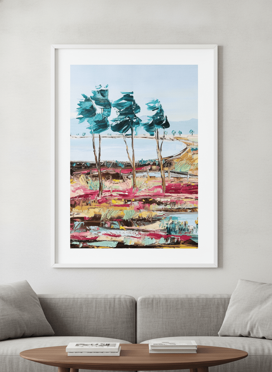 Modern wall art styled above a sofa in a neutral living room