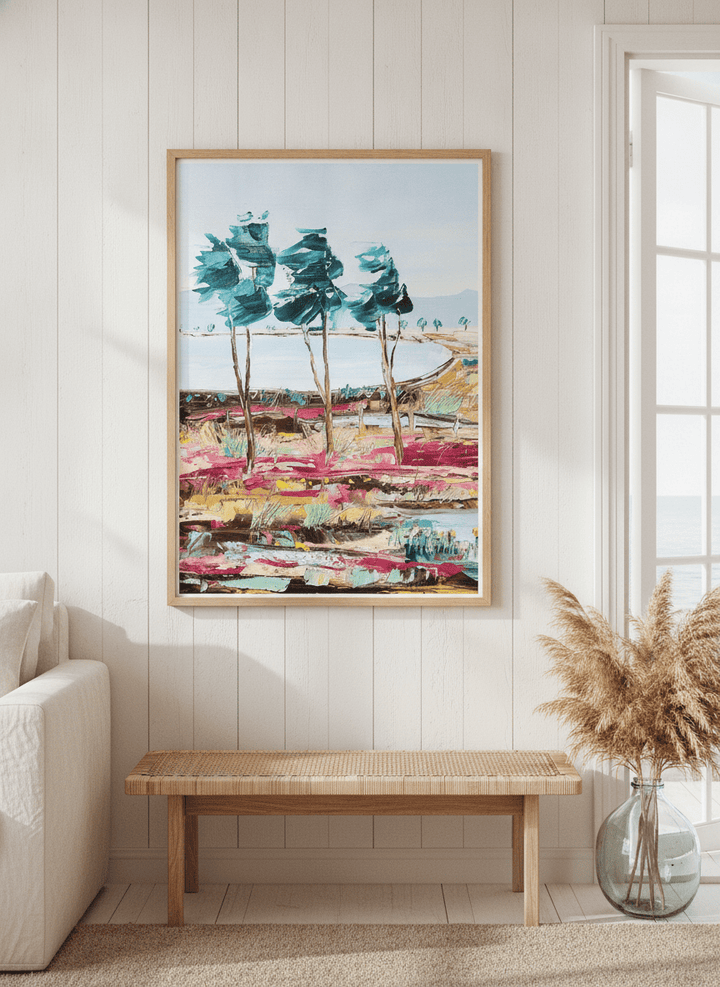 Neutral wall art displayed in a sunny coastal beach house