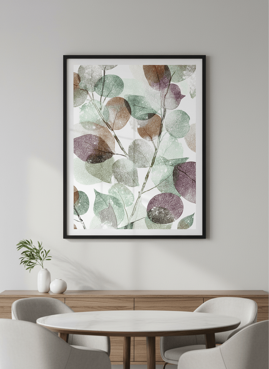 Wall art styled above a dining table in a contemporary home