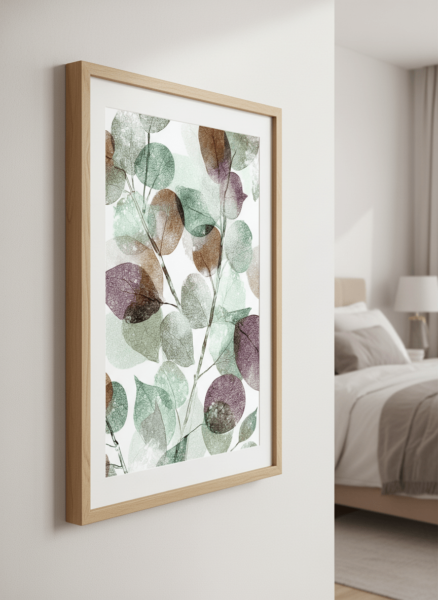 Minimalist artwork displayed in a calm, light-filled bedroom interior