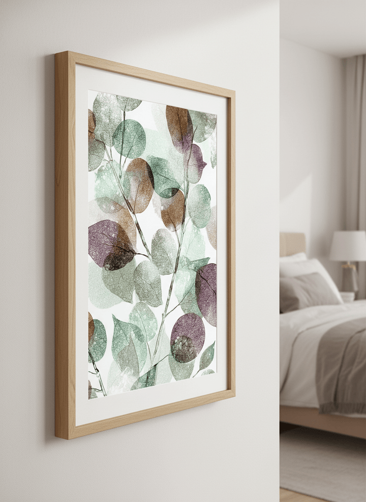 Minimalist artwork displayed in a calm, light-filled bedroom interior