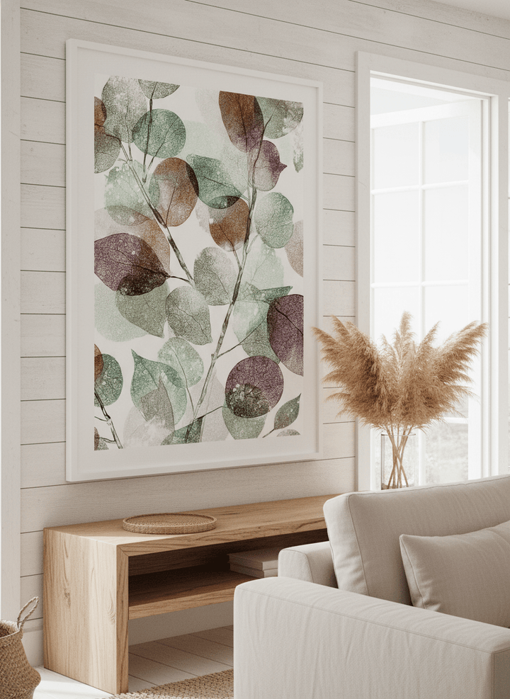 Neutral wall art displayed in a sunny coastal beach house